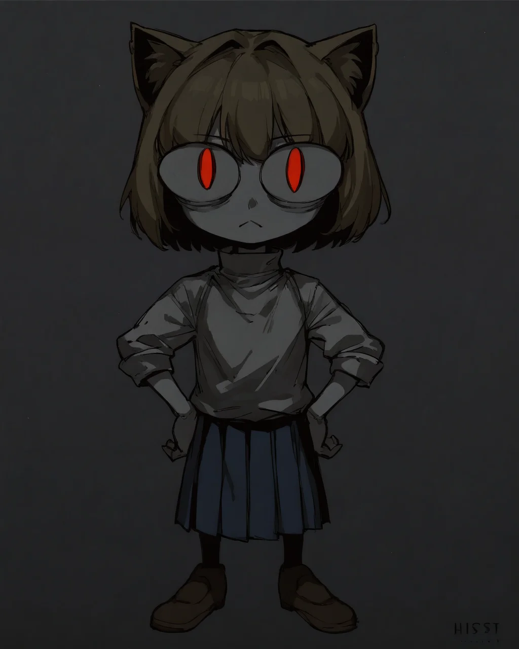 score_9, score_8_up, score_7_up, source_anime, <lora:Hunt_Showdown_ArtStyle__Ina_Koos_ArtStyle:1> hunt, lineart, monochrome, greyscale, sketch, creepy, <lora:Expressive_H:1> Expressiveh, <lora:aesthetic:5> aesthetic, 1girl, solo, (pale skin:1.2), <lora:necoarc-guy-PONYv1_1:1> necoarc, blonde hair, red eyes, slit pupils, cat ears, :3, turtleneck, white shirt, blue skirt, pleated skirt, pantyhose, brown footwear,, <lora:age_slider_v4:1> <lora:StS_PonyXL_Detail_Slider_v1.4_iteration_3:5> gradient background, contrapposto, hands on own hips, cowboy shot, looking at viewer, <lora:lowlight_1721964122_1721964450_dim32_sv_fro_dp0.92_1721964790_1722820361:1.5>,