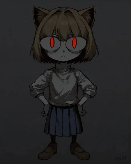 score_9, score_8_up, score_7_up, source_anime, <lora:Hunt_Showdown_ArtStyle__Ina_Koos_ArtStyle:1> hunt, lineart, monochrome, greyscale, sketch, creepy, <lora:Expressive_H:1> Expressiveh,  <lora:aesthetic:5> aesthetic, 1girl, solo, (pale skin:1.2),   <lora:necoarc-guy-PONYv1_1:1> necoarc, blonde hair, red eyes, slit pupils, cat ears, :3, turtleneck, white shirt, blue skirt, pleated skirt, pantyhose, brown footwear,,  <lora:age_slider_v4:1> <lora:StS_PonyXL_Detail_Slider_v1.4_iteration_3:5> gradient background, contrapposto, hands on own hips, cowboy shot, looking at viewer, <lora:lowlight_1721964122_1721964450_dim32_sv_fro_dp0.92_1721964790_1722820361:1.5>,