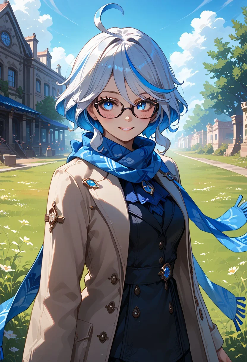 score_9, score_8_up, score_7_up, score_6_up, masterpiece, best quality, absurdres, cinematic, dynamic angle, perfect composition, solo, 1girl, medium breast, Furina, blue eyes, short hair, multicolored hair, white hair, blue hair, ahoge, hair intakes, light trench coat, scarf with floral pattern, glasses, campus setting, green grass, studious yet casual feel, smile, blush, looking at viewer,