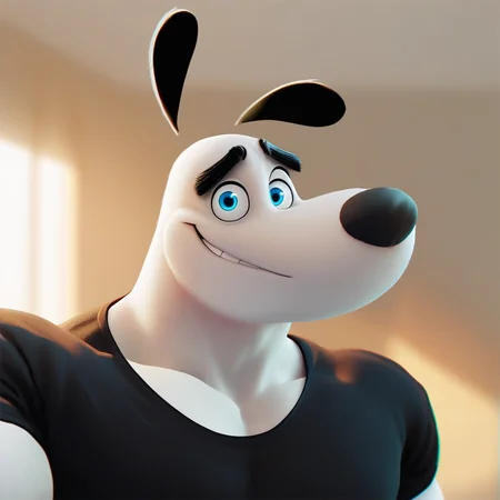 score_9_up, score_8_up, score_7_up, high quality, detailed, source_furry, male, solo male, 1boy, broad shoulders, mature male, blue eyes, athletic build, muscular male, bara, black ears, black eyebrows, animal ears, white body, big eyebrows, black shirt, round snout, bust shot, indoors, looking at viewer, smiling