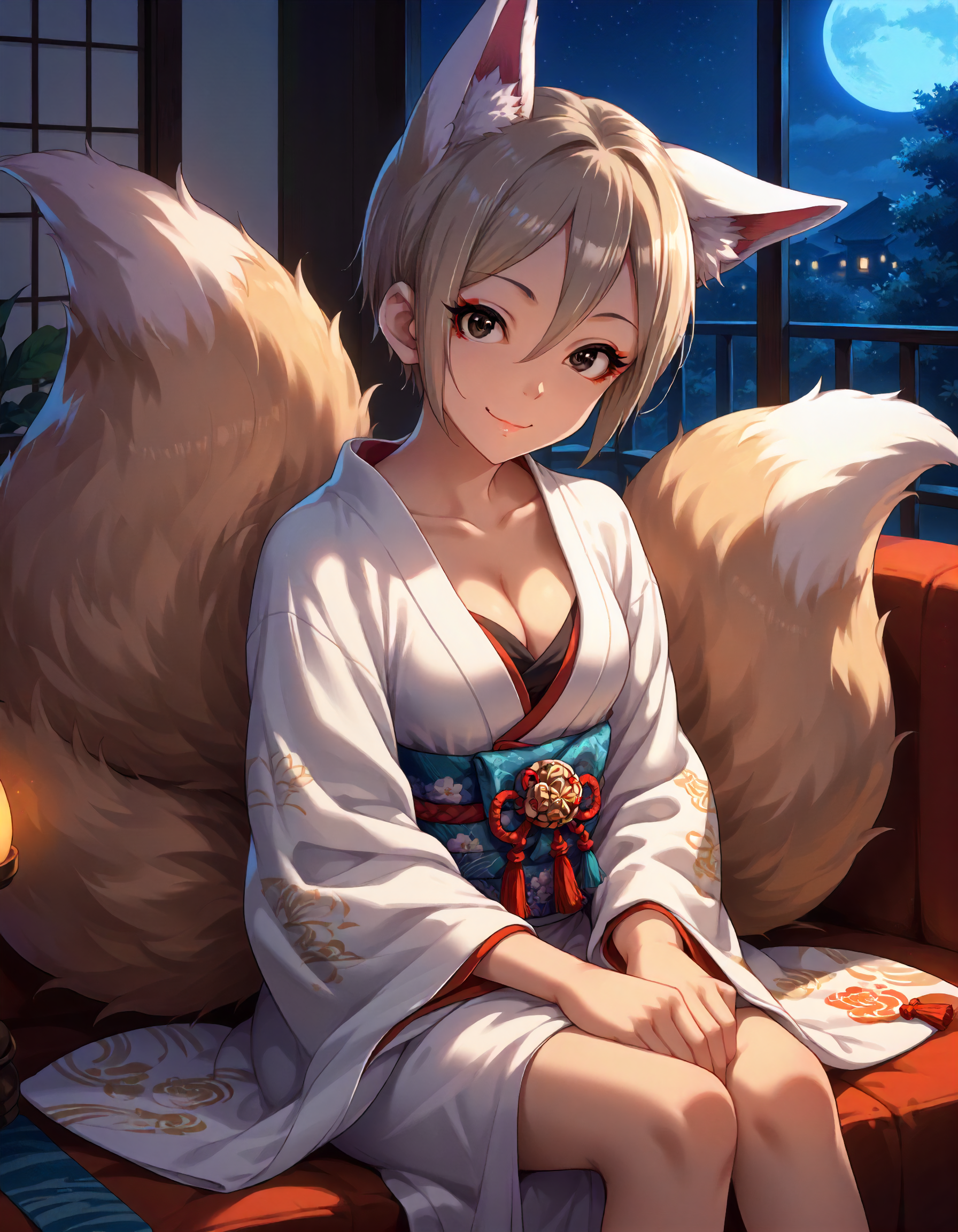 score_9,score_8_up,score_7_up,1girl,solo,sitting,looking at viewer,smile,closed mouth,indoors,night,
<lora:shiomisyuko_ponyXLV6:0.8>,cgssyk,
grey hair,short hair,hair between eyes,black eyes,medium breasts,cleavage,
makeup,fox ears,white kimono,fox tail