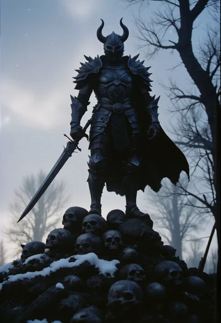 This is a hyper-realistic n30nfilm cinematic photograph, shot on Kodak VISION3 250D analog film stock, featuring a fearsome Dark Knight standing in a powerful pose atop a towering mound of skulls. The knight is clad in dark, gothic armor adorned with spikes and intricate, ornate details. His menacing figure is accentuated by a massive, jagged sword that he grips with both hands, its blade wickedly sharp and gleaming in the dim, eerie light. The knight's helmet is made of bone, molded into a grotesque skull shape, adding to his terrifying presence.
Around him, a dark fantasy world unfolds, with shadows creeping in from all sides, shrouding the scene in an ominous, foreboding atmosphere. The spiked armor is hyper-detailed, with every plate and rivet meticulously crafted, giving off a sense of raw power and danger. The scene is set against a gothic backdrop, with twisted, barren trees and darkened skies. The cinematic composition captures the knight’s imposing stance with soft shadows playing over his armor, emphasizing his dominance over the skull tower. The snow-covered ground beneath the skulls reflects the cold, merciless world he inhabits, while the depth of field and soft atmospheric haze enhance the haunting, majestic quality of the image. This dark, fearsome warrior embodies the very essence of gothic horror and dark fantasy, a masterpiece of intimidating design and rich detail.