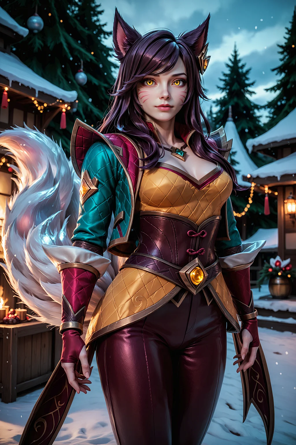 t34l_w1tch, score_9, score_8_up, score_7_up, 1girl, solo, ahri_(league_of_legends), league_of_legends, yellow_eyes, black_hair, cowboy shot, arched back, winter festival, 3d, <lora:tr1s5:1.0>