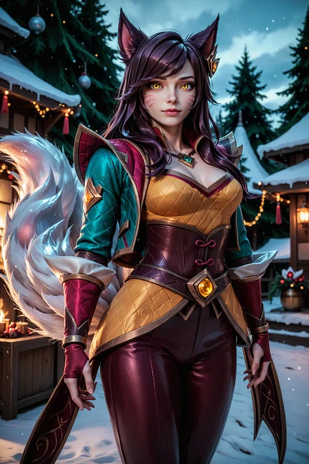 t34l_w1tch, score_9, score_8_up, score_7_up, 1girl, solo, ahri_(league_of_legends), league_of_legends, yellow_eyes, black_hair, cowboy shot, arched back, winter festival, 3d, <lora:tr1s5:1.0>