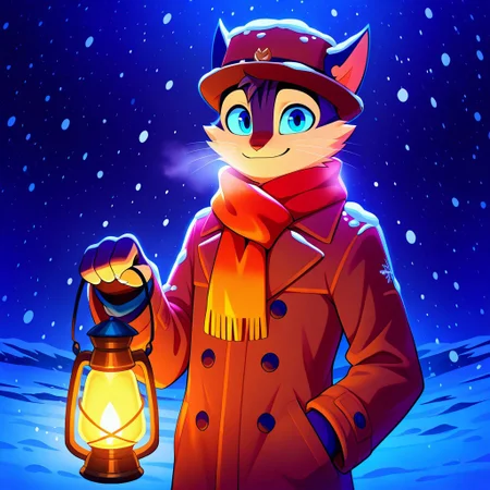 incredible quality, shiny skin, high quality, highres,rocky rickaby, furry, furry male, cat, lantern, blue eyes, solo, holding lantern, scarf, holding, hat, snowing, smile, looking at viewer, male focus, 1boy, furry, whiskers, night, coat, snow, snowflakes