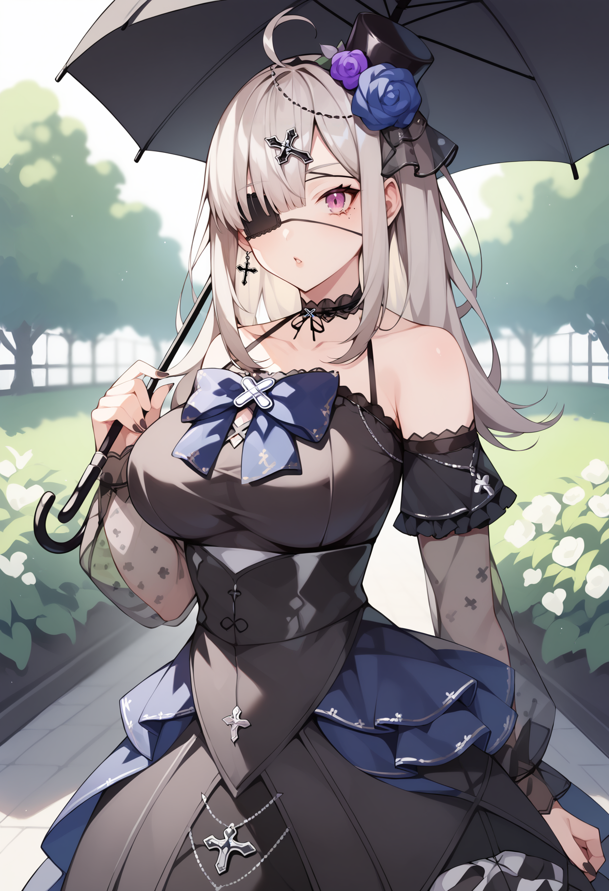 score_9, score_8_up, score_7_up, source_anime, bbkana, long hair, ahoge, mini hat, black headwear, hat flower, cross hair ornament, eyepatch, mole under eye, large breasts, choker, bare shoulders, goth fashion, blue bow, black dress, see-through, detached sleeves, striped pantyhose, <lora:sukoya_kana_xl_pony_v1:0.8>, standing, garden, holding umbrella, black umbrella,