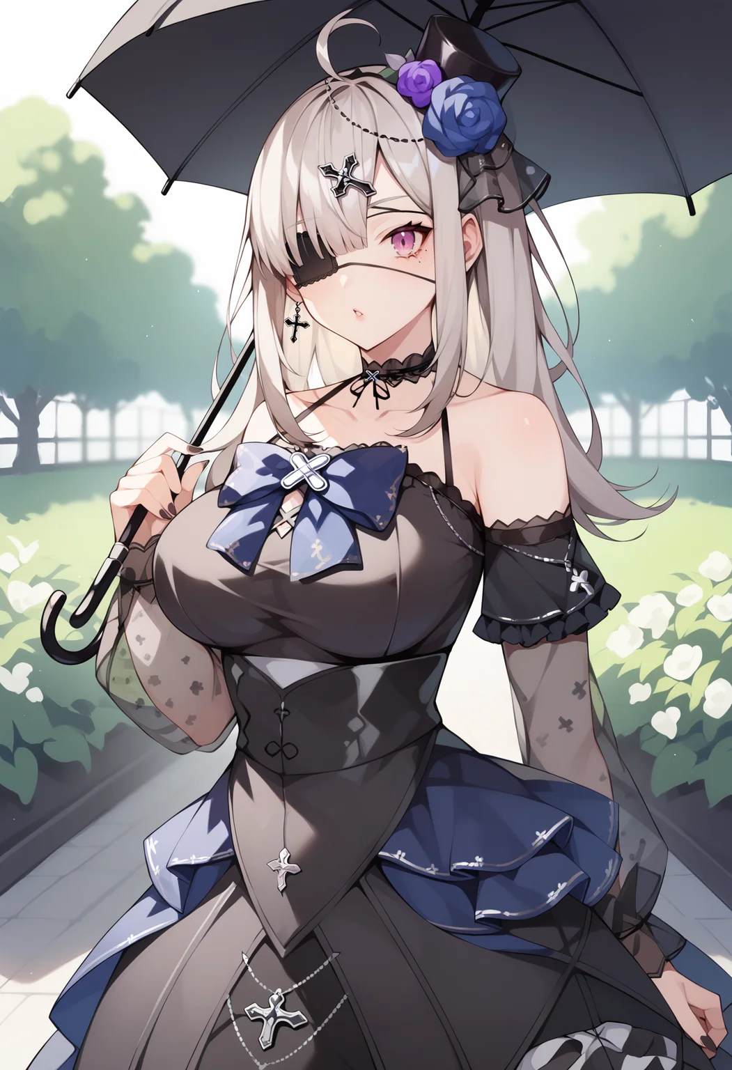 score_9, score_8_up, score_7_up, source_anime, bbkana, long hair, ahoge, mini hat, black headwear, hat flower, cross hair ornament, eyepatch, mole under eye, large breasts, choker, bare shoulders, goth fashion, blue bow, black dress, see-through, detached sleeves, striped pantyhose, <lora:sukoya_kana_xl_pony_v1:0.8>, standing, garden, holding umbrella, black umbrella,