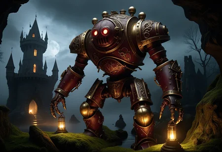 giant bipedal robot brass and dark red, bronze paisley robot. lacy robot metal. diving helmet head. outside of a steampunk keep. large detailed torso. dark image. one forty foot tall ancient robot with great arms and two heavy spring legs. dark foggy night background. $dark foggy night image only. dark photo realistic image. steampunk details. cogs, chains and pipes incorporated in the fantasy buildings. magic wizards tower in background. Dark swamp, moss, castle ruins, wizards tower. stormy dark night. stormy sky.