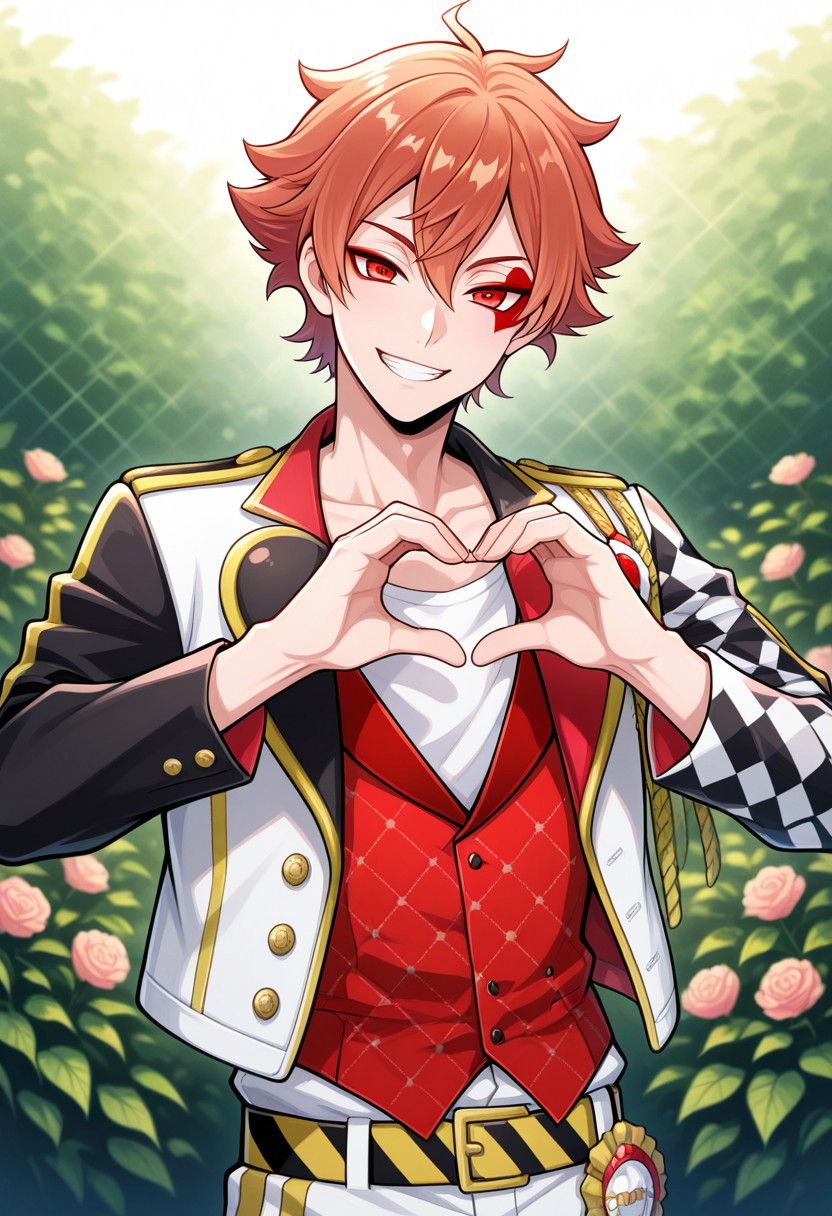 masterpiece,best quality,amazing quality, source_anime, 
acetrappola, 1boy, male focus, solo, red eyes, orange hair, facial tattoo, heart tattoo, dorm uniform, collarbone, shirt, white shirt, vest, red vest, jacket, flower, multicolored jacket, black and white jacket, open jacket, grin, smile, heart hands, garden,