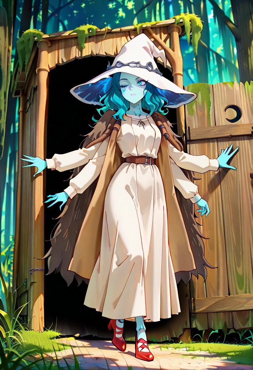 masterpiece, best quality, newest, absurdres, highres, anime, anime style, Shrek's-Outhouse-IL.V1.1, outdoors, moss, plant, nature, forest, Outhouse-open door, opening door, 1girl, RnnDef, blue eyes, one eye closed, blue hair, wavy hair, (4 arms:1.2), extra faces, ghost face, blue skin, colored skin, cracked skin, doll joints, witch hat, large hat, white headwear, white dress, long sleeves, fur cloak, brown cloak
