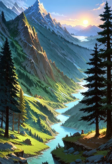 score_9, score_8_up, score_7_up, masterpiece, landscape, trees, sun, forest, mountains, river, epiCPhoto