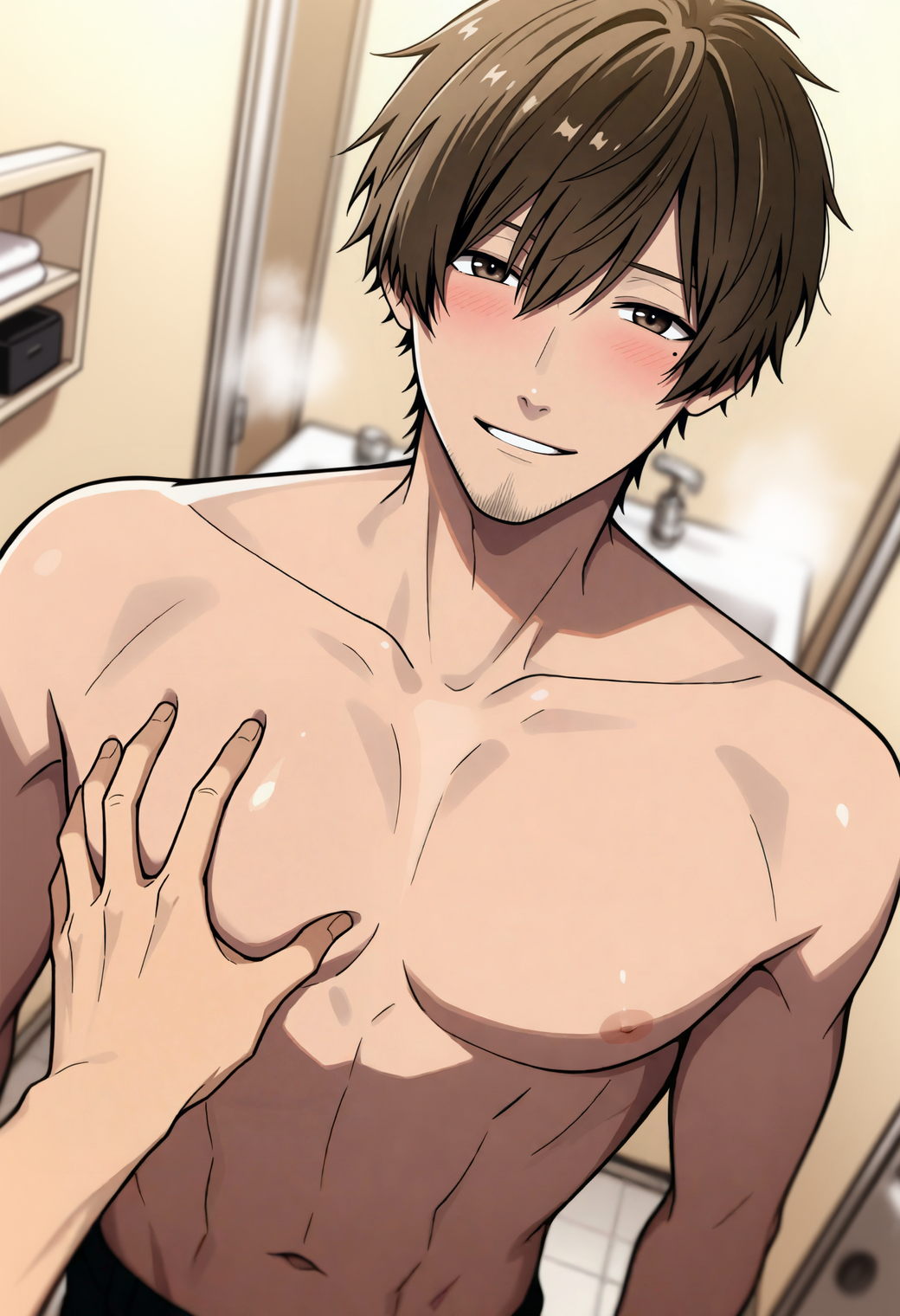 masterpiece,best quality,anime coloring,
1boy,toned male,(manly:0.6),
kkzm1,brown hair,goatee stubble,brown eyes,mole under eye,
topless male,standing,upper body,
looking at viewer,seductive smile,blush,
guided pectoral grab,pectoral grab \(meme\),pov,
bathroom,steam,
dutch angle,dynamic action,
depth of field,atmospheric perspective,
<lora:kagami_kazumi_NAI_EPS_1_1_CAME_v2:1>,âââ,âââ
