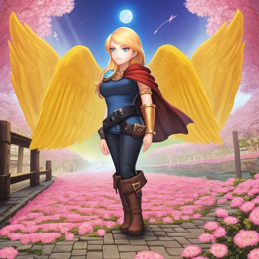 Score_9, Score_8, Score_7up, golden wings, FUSIONOFSTEEL, weapon, belt, blonde hair, solo, Blue Eyes, LordFusion, long hair, boots, cape, 1girl, busty breasts.
BEHAVIOR:
seductive pose, gold armlet, mature female, dutch angle, beautiful face, serious, arms open, bent forward, portrait, right arm extended forward towards viewer,
BACKGROUND:
cheery tree, city, wooden bridge, pink flowers, gardens, birds. night time, aurora borealis, blue moon