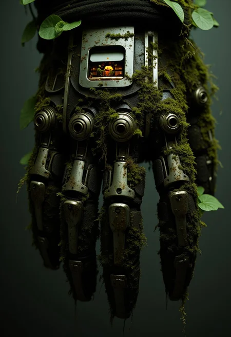 ajweathbo. A photorealistic Image of a weathered intricate designed mechanical Hand, its Joints and mechanical parts are weathered and overgrown with detailed realistic Moss and tiny leafs, atmospheric lighting, desaturated color graded