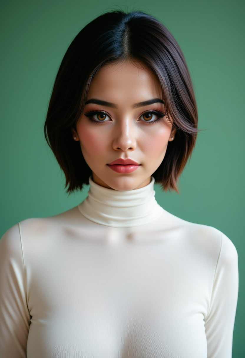 Headshots,masterpiece, a beautiful woman,Hyperrealistic, she is smiling, dynamic angles, multiple angles, photoshoot poses; A photo of Pony Realism girl, a woman with short hair, and brown eyes, she has massive breasts, a beautiful girl,she is wearing a white turtleneck sweater.she has massive breasts, she has piercing eyes. a dynamic pose and a sense of action. simple green background, and the lighting is soft, creating a dramatic effect, creating a focused and dynamic pose.; the scene is set in a beautiful well-lit environment, with a sense of action and adventure. Style: realistic hyper-detailed rendering, 32k UHD, expressive eyes, punk, graphic design, girl's face, pretty and cute, gleaming lips, telling a tale of adventure. Exuding confidence and serenity. The overall mood of the image is happy and relaxed, detailed skin texture,(blush:0.2),(goosebumps:0.3), subsurface scattering,with a playful and whimsical tone,aidmafluxpro1.1, perfection style,,retro50s_style,