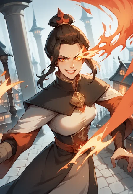 score_9, score_8_up, score_7_up, <lora:a4z0l4:1> a4z0l4,hair bun,hair ornament, 1girl,fire, dynamic angle,from above,fish eye, sly smile, fire background,house burning, medieval background,<lora:Flaming:0.9> red flaming eye,night,dynamic pose