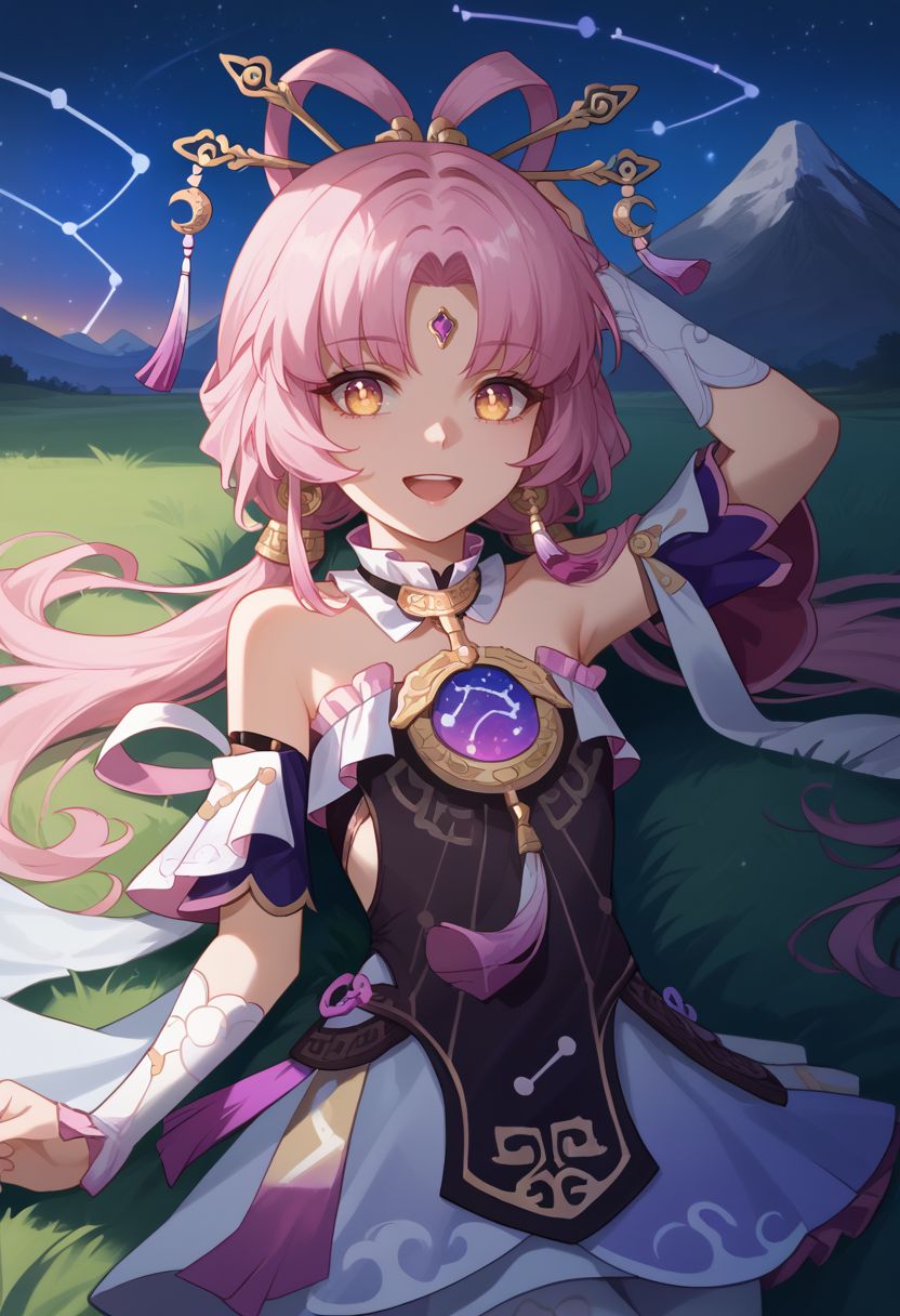 score_9, score_8_up, score_7_up, source_anime, 1girl, fuxuandef, yellow eyes, pink hair, long hair, low twintails, bow-shaped hair, parted bangs, forehead jewel, hair stick, hair ornament, earrings, jewelry, bare shoulders, detached sleeves, dress, tassel, bridal gauntlets, white pantyhose, constellation print, (lying, on back), on grass, open mouth, smile, arm up, looking up, outdoors, sky, star (sky), moon, night, close-up, facing viewer, upper body, from above, mountain in the background, <lora:Fu_Xuan_v1-000010:1>