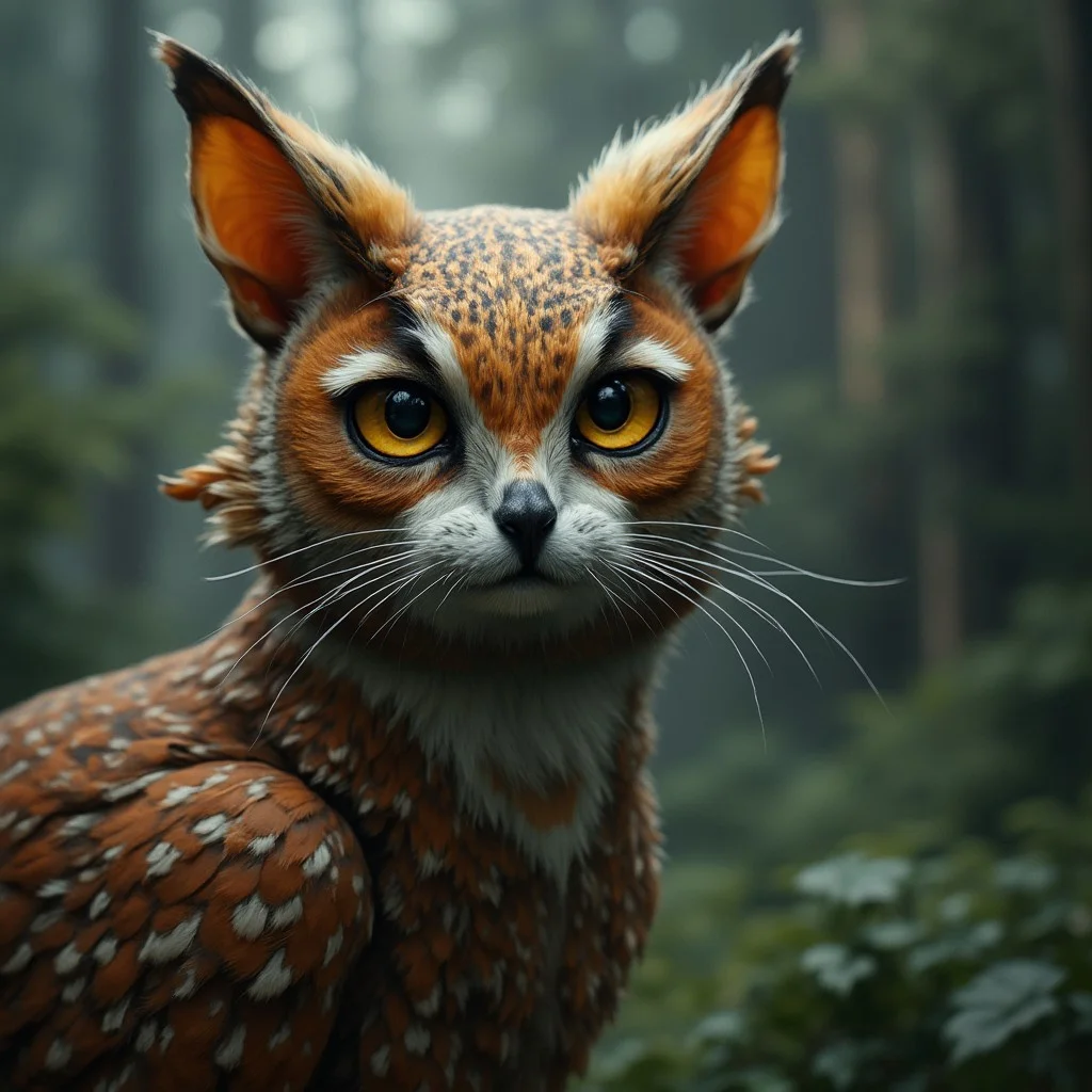 A photo-realistic full body photo of a mysterious creature that combines the facial features of a cat with the distinctive characteristics of an owl. The creature has the sharp, triangular ears and the furry, whiskered face of a feline, but its eyes are large, round, and piercing like those of an owl, with striking golden irises. The fur is textured and detailed, mimicking the pattern of owl feathers but remaining clearly mammalian. The creature’s face is expressive and intelligent, blending the soft fur of a cat with the feathery patterns of an owl. There are no wings or avian body parts, just a head that perfectly fuses these two animals into one enigmatic being. The background is a softly blurred forest, providing a natural setting that highlights the creature's unique, almost mythical appearance