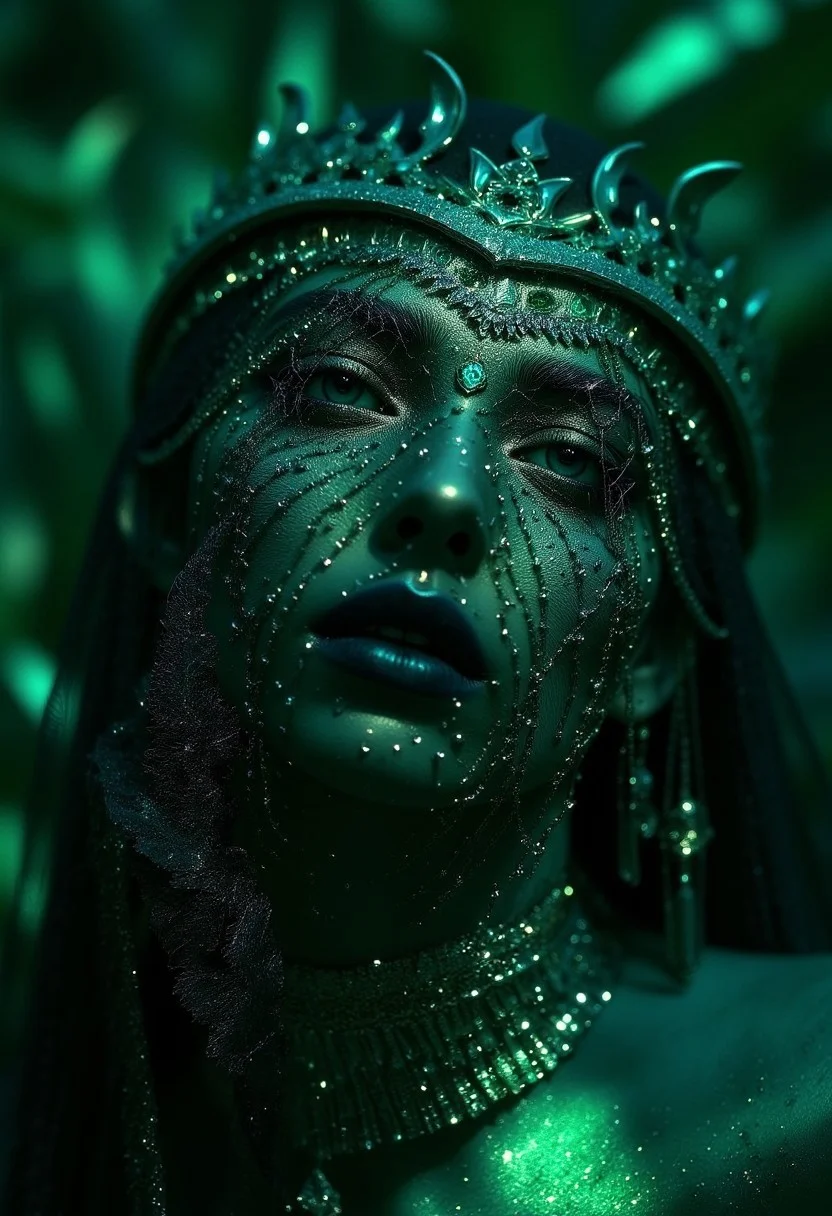 In the depths of a mystic reverie, a dark-skinned enchantress materializes, her presence a whispered secret in the velvet darkness. Her eyes, like shattered emeralds, glimmer with an unholy light, as if the very essence of the forest has been distilled into their piercing gaze. A tattered, lace-like veil, a gossamer whisper of forgotten dreams, clings to her skin like a damp, moonlit mist, casting an eerie, silvered glow across her features. The light that bathes her is a crazed, flickering thing, a mad dance of sunbeams and shadowy tendrils that twist and writhe like living serpents around her face. Upon her head, a crown of jagged, chrome splinters reigns, its diamonds flashing like a riot of fireflies on a summer's night, as a diamond-encrusted necklace slithers around her neck like a glittering, venomous serpent. A face ornament, a delicate, bejeweled latticework, sprawls across her cheeks and forehead like a mad, its silver chains and diamonds glinting with a manic, fevered light, as if the very fabric of reality has been torn asunder to reveal a glimpse of the surreal, dreamlike realm that lies beyond. And yet, amidst this maelstrom of color and light, the enchantress remains, a serene, unyielding presence, her gaze a cold, dark mirror that reflects the very soul of the viewer, drawing them in with an otherworldly allure, a siren's call that beckons them deeper into the heart of the madness.