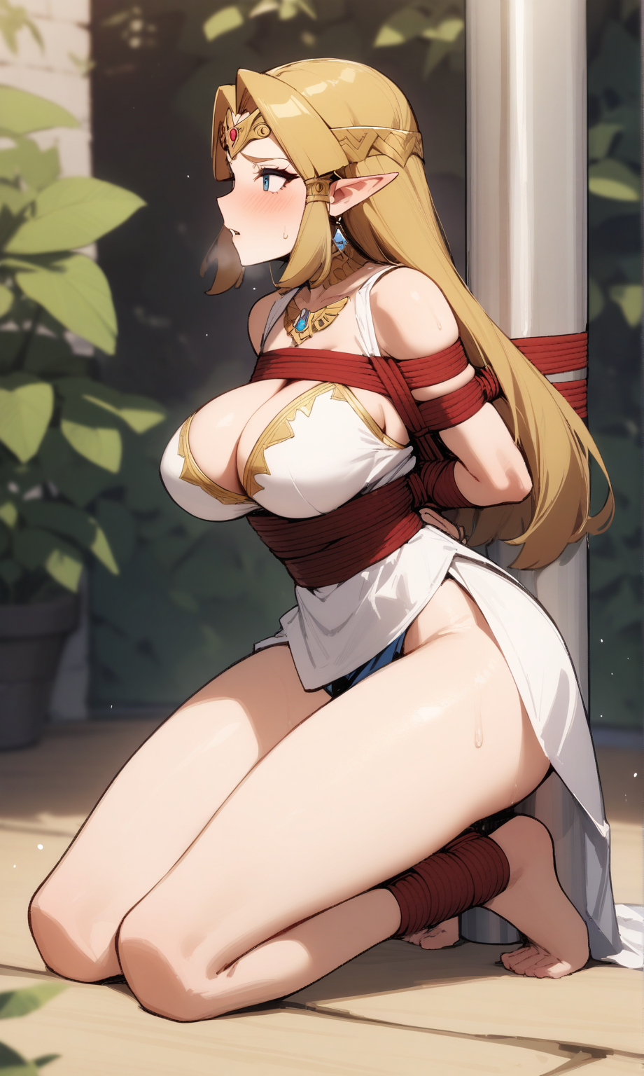 Masterpiece, high quality, absurdres, 1girl, Princess Zelda, P0L3B0UND, bondage, bound, hanging breasts, bound wrists, restrained, tied_to_stake, pole, upright restraints, kneeling, 