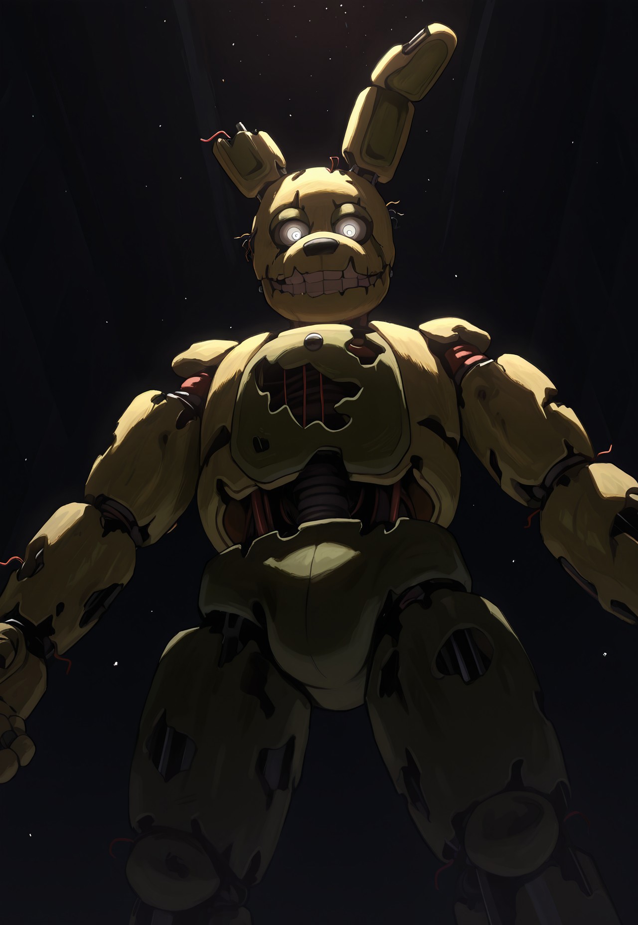 (masterpiece,absurdres,best quality,amazing quality,very aesthetic,absurdres,newest,high resolution,illustration),dynamic pose,2024,questionable,nsfw,1boy,solo,fnaf,(springtrap),classic_springtrap,rabbit,half body,white eyes,perfect face,closed mouth,animatronic,male,male focus,detailed background,dark background,no humans,dramatic lighting,detailed,light particles,looking at viewer,from below,office