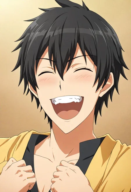 high resolution, solo, best quality, 1Boy, Kanie Seiya, Black Hair, laughing, very happy, looking at viewer,, OverallDetail