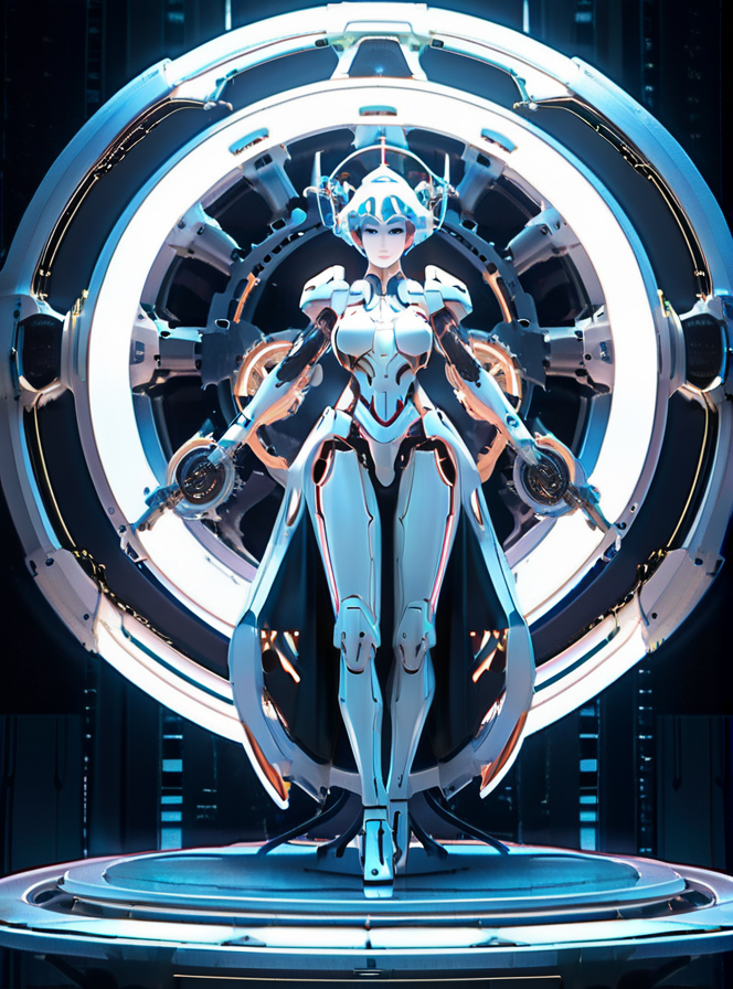 1girl, Arcana, android, breasts, full body, halo, joints, looking at viewer, mecha musume, mechanical parts, robot joints, science fiction, solo, standing, white hair
 <lora:Arcana_XL:0.85>