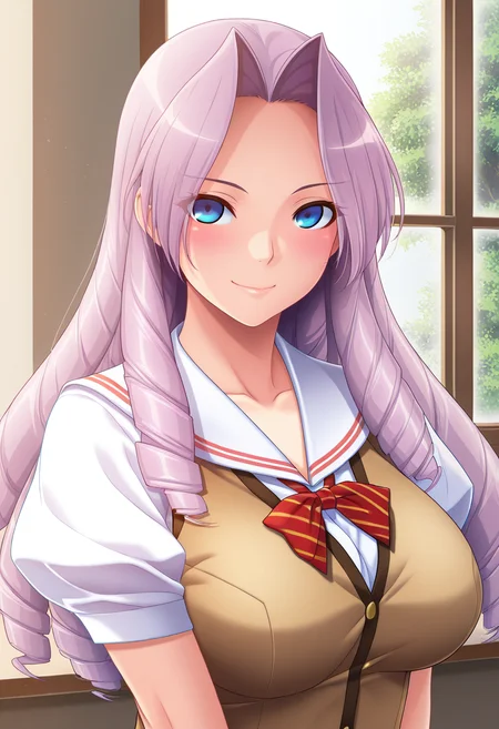 masterpiece, best quality, amazing quality, 1girl, solo, (portrait:1.2), amiww, blue eyes, purple hair, long hair, drill hair, large breasts, school uniform, red striped bowtie, white sailor shirt, brown vest, looking at viewer, smile, indoors, day, skindentation, detailed clothing folds, depth of field, sharp, high contrast, dynamic light <lora:Koujiro_Ami_Alea_ill:0.9>