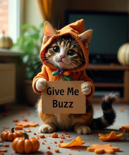 a beautiful frajola cat, trick-or-treating breaking the jugs of the house, broke the tv, tore the carpet, knocked down the computer, asking with that cute and irresistible look, with a sign showing to the public, : give me buzz to fix this!,