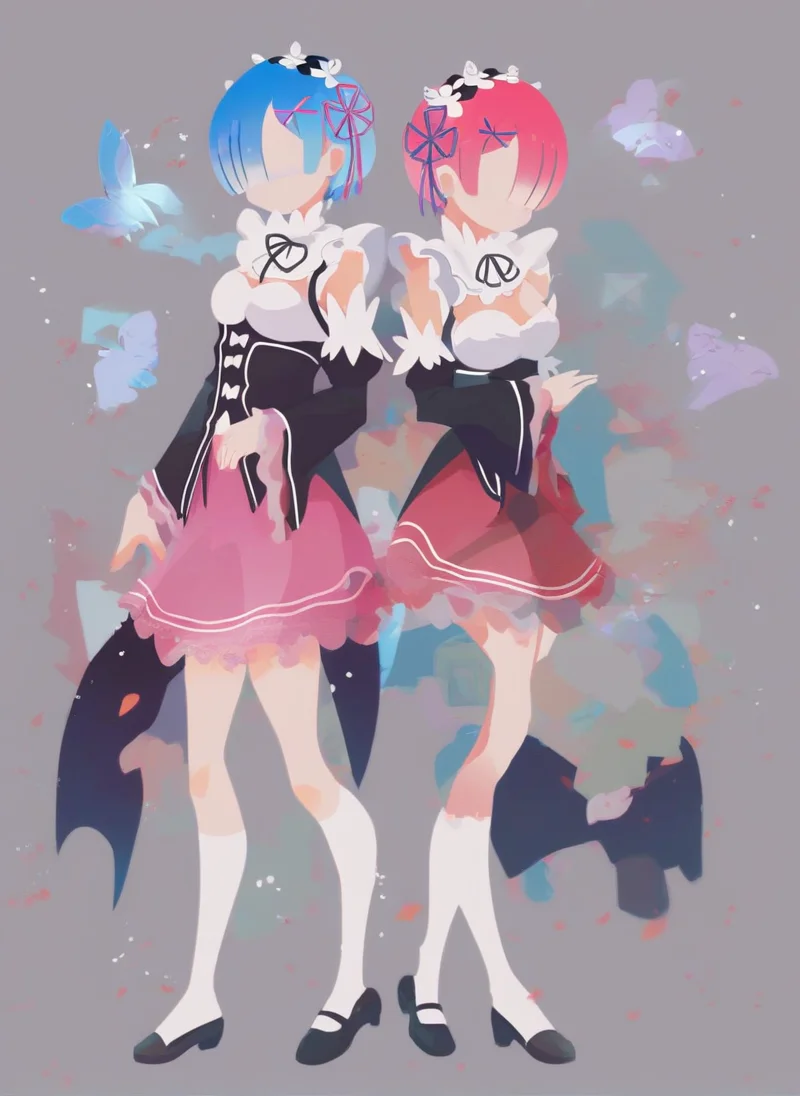 sambanekostyle, score_9, score_8_up, score_7_up, score_6_up, score_5_up, score_4_up,
(simple background:2.0), 2girls, adult, rem \(re:zero\), ram \(re:zero\), skirt, 21 years old,
standing, full body, from side, centered composition,
<lora:SambaNekoStyle_v310:1>