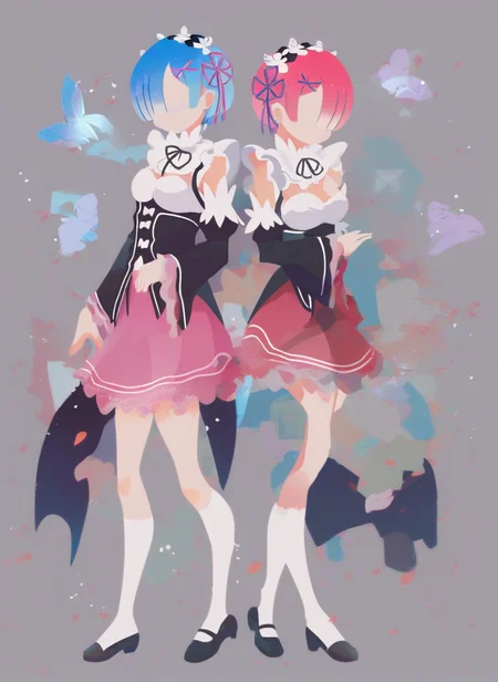 sambanekostyle, score_9, score_8_up, score_7_up, score_6_up, score_5_up, score_4_up,
(simple background:2.0), 2girls, adult, rem \(re:zero\), ram \(re:zero\), skirt, 21 years old,
standing, full body, from side, centered composition,
<lora:SambaNekoStyle_v310:1>