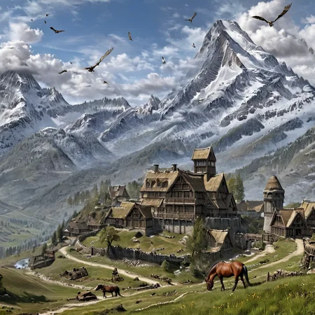 Masterpiece,absurd resolution,8k,high resolution,
 <lora:SkyrimLandscapes:0.8>,
skyrimlandscapes, scenery, mountain, cloud, sky, outdoors, day, landscape, tree, no humans, nature, house, horse, grass, bird