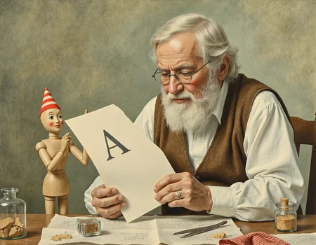 UHD, 8K, ultra detailed, a cinematic photograph of Rembrandt style This is a whimsical, hand-drawn illustration in a watercolor style. The image depicts a scene where an elderly man with white hair and a white beard, dressed in a brown vest over a white shirt, sits at a table. He wears glasses and has a kind expression. Next to him is a small wooden puppet with a round head, red cheeks, and a red and white striped hat. The puppet has a pointed nose and a small, round mouth., 
The elderly man is holding a large, white letter "A" made of paper, which the puppet is examining closely. The puppet's left hand is raised, with a small, pointed finger touching the letter. The man's right hand is supporting the letter, and he appears to be explaining the letter to the puppet., 
The table is cluttered with various craft supplies, including scissors, a small glass jar with a cork stopper, and a red and white striped piece of fabric. The background is a soft, greenish-gray, creating a cozy, indoor atmosphere. The overall tone of the illustration is warm and inviting, with a focus on the interaction between the elderly man and the puppet., <lora:Mezzotint_Artstyle_for_Flux_-_by_Ethanar:0.5>, <lora:VLADIMIRSKY:0.5> . Baroque, chiaroscuro, realistic, emotional, "flat lighting, beautiful lighting, great composition