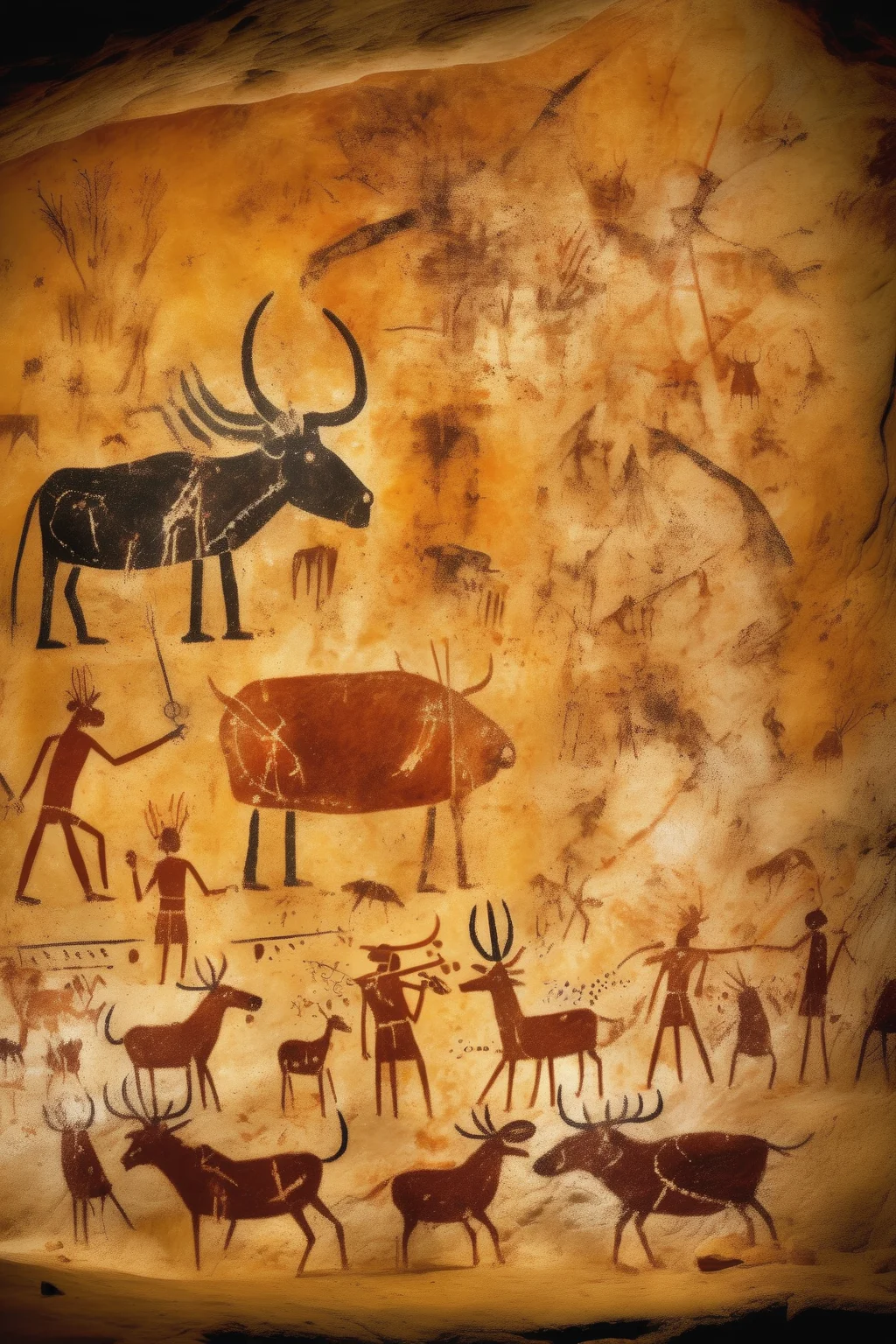 <lora:Lascaux:1>Lascaux - An image of prehistoric cave art with all the details. The image depicts a cave where a robotis hunting a deer with a spear and another robots are roasting the deer in the fire that is lit by a torch. The image also has depictions of other animals, including bison, horses, aurochs, deer, lions, bears, birds, robots, and woolly mammoths.