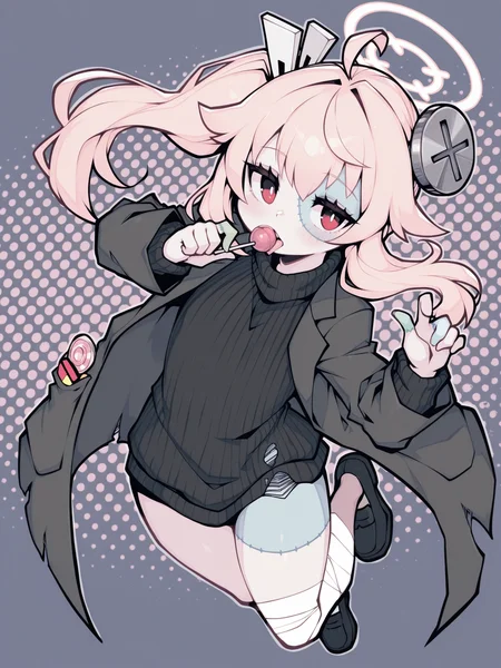parororo, natsu \(blue archive\), natsu \(blue archive\)_hlw, <lora:Natsu - Blue Archive - Halloween Costume (柚鳥ナツ - ハロウィン):1>, flat_chest, dark_grey_coat, dark_grey_turtleneck_sweater, torn clothes, screw_through_head, bandage, black loafers, patchwork_skin, patchwork_face, side_ponytail, licking lollipop, holding lollipop, jumping, abstract background, full body, __positive__
