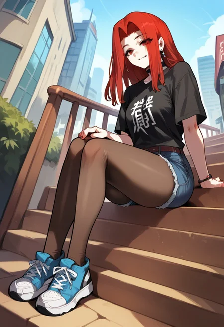 zPDXL3, score_9_up, score_8_up, score_7_up, (Anime_source), 1girl, ValeriaHister, red eyes, res hair, long hair, t-shirt, denim shorts, pantyhose under shorts, pantyhose, sitting, stairs, outdoors, city, sneakers, dutch angle, full body, from below, looking at the viewer, smug