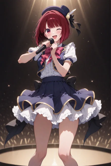 masterpiece best quality, absurdres very aesthetic, general, depth of field,intricate details, thin main lined,
((a girls singing on the stage)), (arima kana:1.1), (oshi no ko:1.2), high-teens cute girls, ;D,
(singing on the stage in background),holding a microphone, b-komachi \(new\) idol costume,
from front view,medium full shot,cinematic angle and shot, <lora:aesthetic_anime_v1s:0.6>