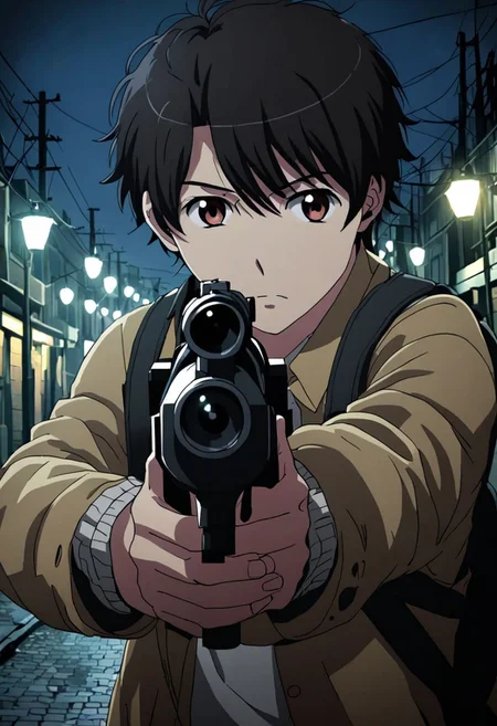 high resolution, solo, best quality, 1Boy, Inaho Kaizuka, Black Hair, Brown Eyes, potrait, midnight, dim street lights, mysterious, threatening, weapon, aiming the weapon to the viewer, OverallDetail