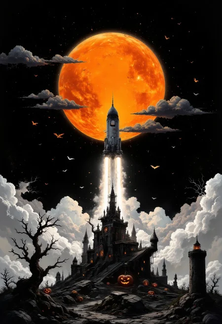 A graphic illustration, black and white, of a rocket in space going on direction of a brilliant orange Moon, Halloween Theme. d1eselc0re gl1tchc0re aidmasoftglow