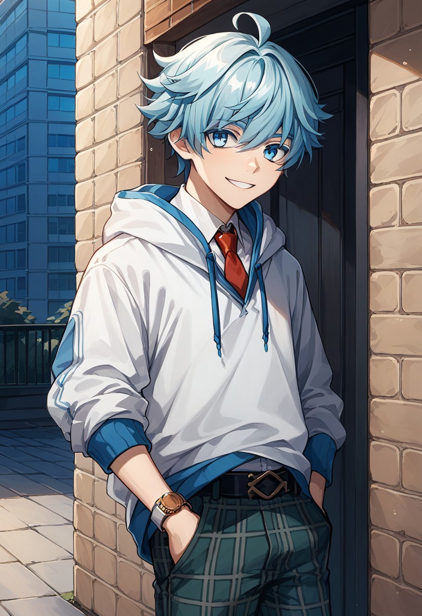score_9, score_8_up, score_7_up, source_anime, highly detailed, 

Chongyun, 1boy, male focus, solo, light blue hair, short hair, hair between eyes, bangs, ahoge, blue eyes, hoodie, white hoodie, hood, necktie, red necktie, watch, wristwatch, plaid, plaid pants, smile, green pants,

outdoor, building, contemporary, 
