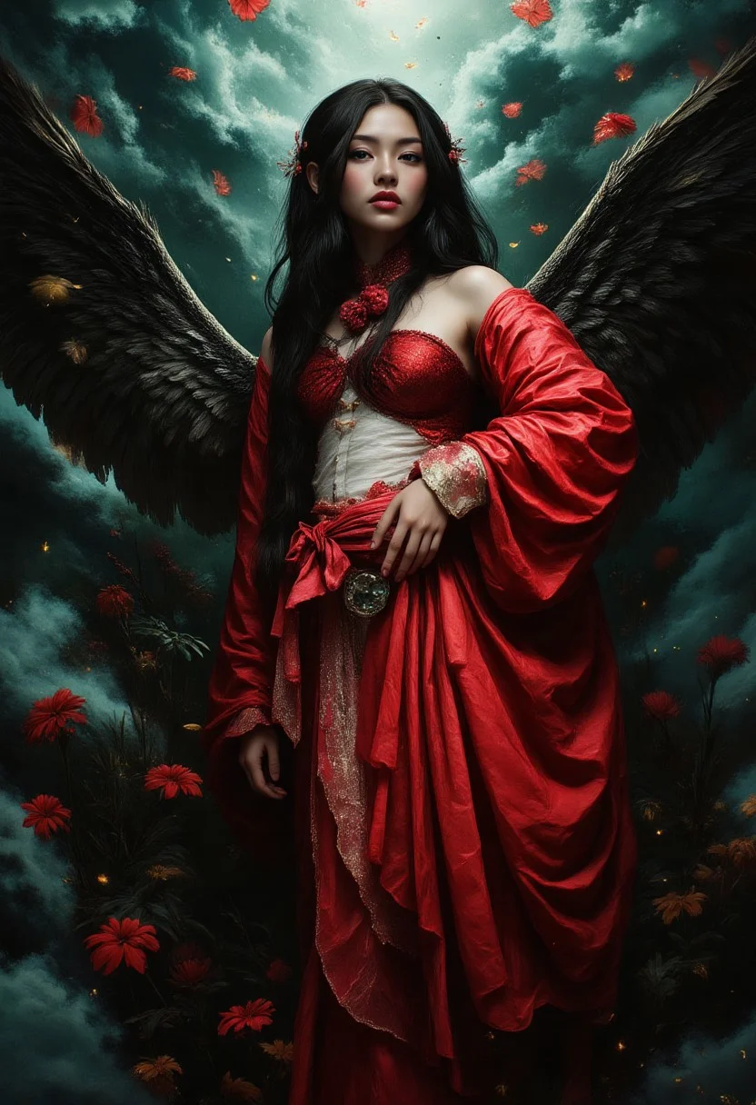 masterpiece, best quality, A hyper-realistic Pre-Raphaelite dark rainbow Nipponese noir punk by Roberto Ferri and Marco Mazzoni, fine details, photorealism, cinematic, 8k, hyper-detailed, cirrus clouds, ethereal female archangel wearing red cloth robes, angel of twilight, awe inspiringly beautiful, long black hair, symmetrical beautiful features, angelic features, elegant features, long feathered proportional wings, side eye, from Japan, dramatic lights, Cinematic, beautiful, vibrant, masterpiece, 32k, ultra HD, ultra-detailed, amazing quality, amazing artist, sharp edges, detailed textures, full view, atmospheric lighting, amazing visuals