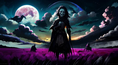 (masterpiece, best quality, fullscreen), [(full body:0.9)::0.2] portrait (photo of a small death [magical being:ghoul:0.2] inspring fear and sorrow:1.4), <lora:EYES darkness_v100:0.5> (at night, darkness, no light), (wearing black ragged Sibyl's Scarf:1.3), (Snake body shape:0.8), (Glowing head:0.9), (Bull Horns:0.9), <lora:EFFECT æ­»ç¥:0.4>, <lora:CLOTHES EFFECT DarkGown:0.3> ([ballgown,DRK_Glam]:0.9), <lora:MONSTER Critters:0.7> (Critters:1.2), (background old medieval battlefield full of bodies), (Swirling black ink clouds and the full moon in the sky), (High Key lighting:1.2), , <lora:BACKGROUND Fantasy-000004:0.5>, , , (look at the viewer:0.9), , <lora:LIGHT ALL IN ONE LORA HD v1:0.6>, <lora:QUALITY PotatEnhancer_V1_6:0.5>, <lora:QUALITY kkw-better-v1.0a:0.7>, <lora:BACKGROUND booscapes_v2:0.2>, (Full body Shot, Shallow Focus Shot, Low Angle Shot:[1.2:0.5:0.1]), heavily detailed, , , (sharp focus), <lora:EFFECT Magic card fakemtg_label:1> fakemtg, (no humans), (embedding:VIEW_Style-GHL), icate, elegant, highly detailed, centered, digital painting, artstation, concept art, smooth, sharp focus, illustration, artgerm, donato giancola, Joseph Christian Leyendecker, Les Edwards, Ed Repka, WLOP