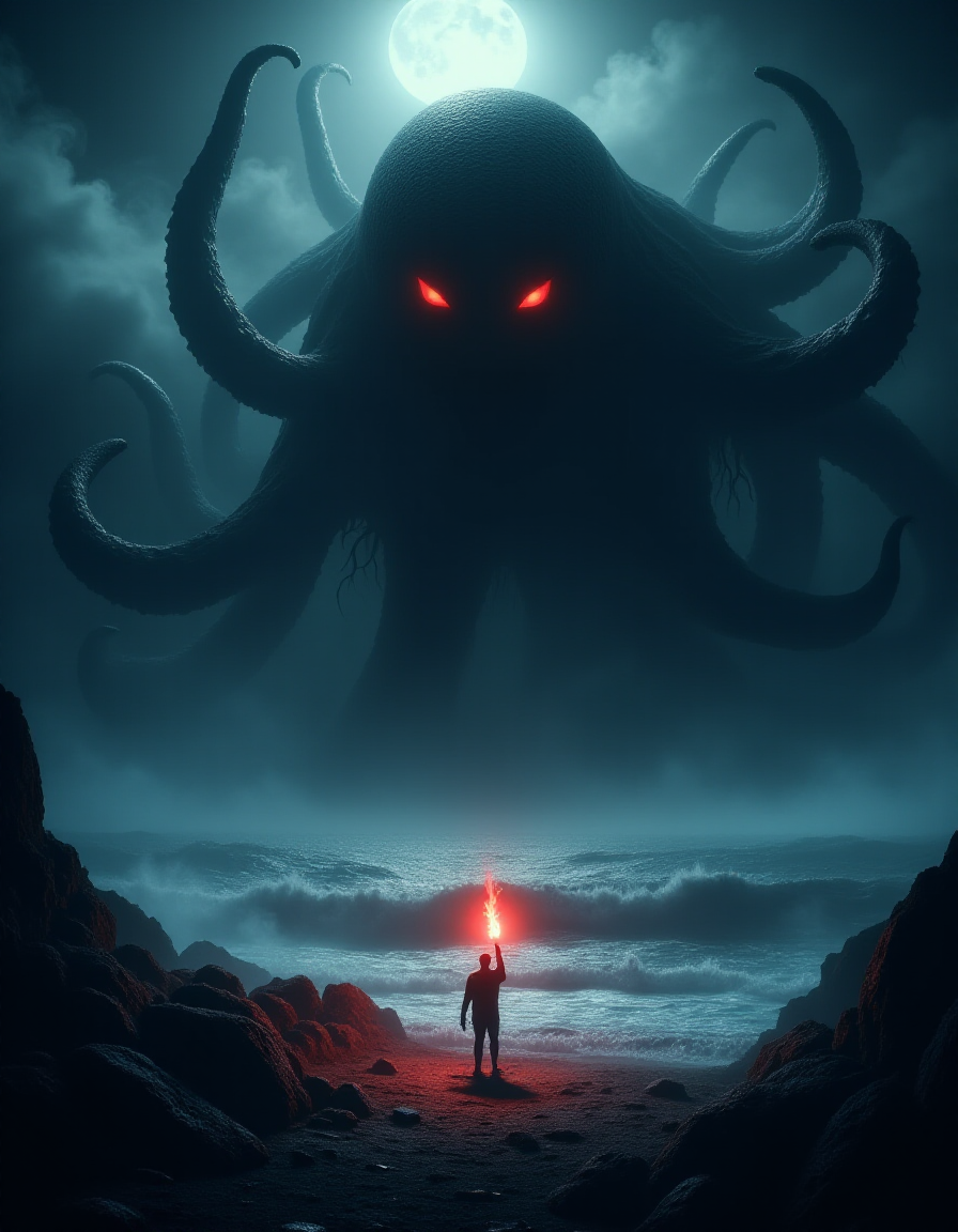 a dark foreboding scene, a colossal ancient creature emerging from the depths of the sea, the creature has a massive tentacled form with glowing red eyes casting an eerie light, a lone figure holds up a red torch standing on the rocky shore, its light barely illuminating the surroundings, The atmosphere is heavy with tension the sea crashing violently against the rocks, the creature's immense size dwarfing the solitary human, lone figure against the ancient, otherworldly beast, color palette is dark, deep blacks and greys, high contrast <lora:ral-ertmsphr_flux:1> ral-ertmsphr