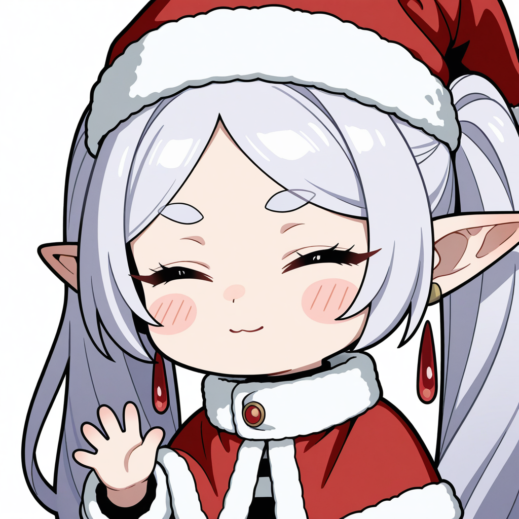 fufu, 1girl, frieren, solo, jewelry, earrings, :3, pointy ears, santa hat, elf, closed eyes, hat, twintails, simple background, white background, christmas, blush stickers, capelet, parted bangs, portrait, white hair, long hair, drop earrings,chibi,, solo,only one person, masterpiece,best quality,amazing quality,absurdres,