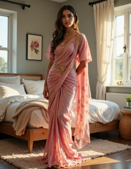 Beautifully detailed and serene realistic full-length portrait.
An beautiful women wearing Light pink party floral tissue saree with layered sleeves boat neck net blouse,wearing matching sandals in a a modern bedroom with minimalist decor, featuring a king-sized bed and large windows with sheer curtains in the afternoon.
detailed face, detailed eyes, Full body visible, Detailed Dress, Detailed background, Backward Lean (Leaning backward slightly with hands behind the back, feet shoulder-width apart, relaxed posture.) .
<lora:fluxenhancer:0.8> fluxenhancer <lora:dreadmirth-style-art:0.8> dreadmirthart <lora:FSF-Real-Babes:0.8> <lora:Vibrantly_Sharp_style_v.5:0.8>