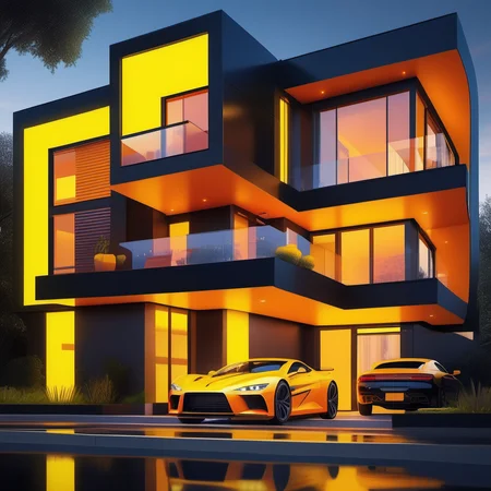 an image of a luxury modern home, yellow and orange, <lora:NeonifyV2-000002:0.5> nnfy neon realism