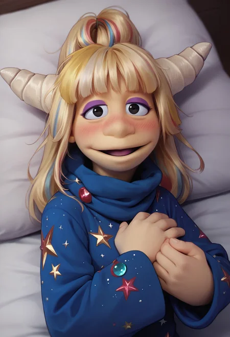 1girl, score_9, score_8_up, score_7_up BREAK Eureekaa, 1girl, blonde hair, multicolor hair streaks, ponytail, horns, black eyes, purple eyeshadow, long blue starry robe, laying on bed, back on top of bed, looking up and smiling at viewer, in lust, slight blush, aroused, horny, hands on chest full body,