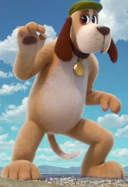 masterpiece, high res, absurdres,
1girl, solo, lux_lol_wr, male focus, giant, giga size, mega size,
landscape, cityscape, extremely tiny city, from below, paw focus, foreshortening, clouds, impact, smile,
blue sky, outdoors,
stride,
score_9, score_8_up, score_8, score_7, source_cartoon, Grandpaw_B, solo, anthro, male furry, dog, beige fur, white belly, long ears, brown ears, black eyes, green flat cap, black nose, white tail tip, thin tail, brown collar, gold pocket watch tag, large legs, brown eyelid, full body, looking at viewer, standing, sassy pose,
giant dog, big Paws,
sunlight, volumetric lighting, (backlight:0.7), (dutch angle:0.4), very wide shot, depth, ozone, bokeh, luminescent background,