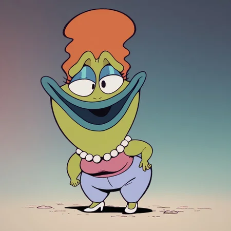 score_9, score_8_up, score_7_up BREAK BevBig, 1girl, orange hair, green skin, black eyes, blue lips, pearl necklace, sleeveless pink shirt, lavender pants, white high-heeled shoes, full body,