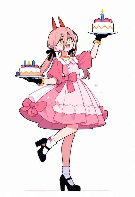 masterpiece,best quality,amazing quality, power \chainsaw man\, 1girl, solo, long hair, hair between eyes, yellow eyes, twintails, pink hair, hair ribbon, horns, sharp teeth, cross-shaped pupils, red horns, smile, open mouth, standing, arm up, looking to the side, holding plate, standing on one leg, holding cakei¼
simple background, white background, full body, gloves, dress, holding, bow, ribbon, black gloves, alternate costume, socks, black footwear, necklace, high heels, bracelet,black ribbon, fruit, white socks, pink dress, plate, cake, beads, candle, bead bracelet, dress bow, birthday cake, pearl bracelet, <lora:ponyv6_noobE11_2_adamW-000017> <lora:MeMaXL4> <lorav4df2fsdf5> <lora:checkpoint-e18_s306> <lora:haiz_ai_illu>